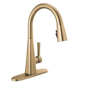 lot 2950 image: Delta Lenta Single-Handle Pull-Down Sprayer Kitchen Faucet with ShieldSpray Technology in Champagne Bronze