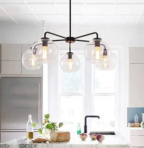lot 2982 image: YINSP 5 Light Mid Century Modern Black Sputnik Chandelier Bubble Globe Glass
