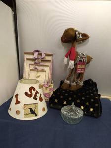 lot 123 image: Beautiful Floral Stacking Gift Boxes, Velour Blanket, Reindeer Christmas Count Down, Lamp Shade, Covered Candy Dish and Hanging Closet Organizer