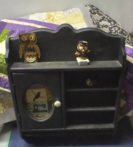 lot 143 image: Wooden Wall Shelf, Owl Dcor, Quilted Table Runner and the start of a queen Size Quilt(only the top, quilted part)