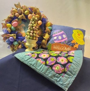 lot 147 image: Gorgeous Easter Wreath, Pillow, Tree, Welcome Sign and a Quilted Placemat