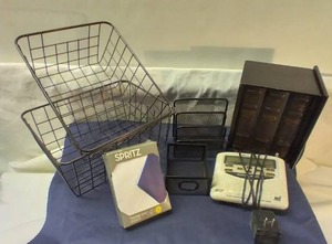 lot 150 image: Wire Baskets, Fake Book Box, Mesh Wire Desk Organizers, Midland Weather Radio and Unopened Thank You Notes