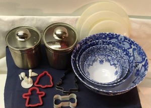 lot 160 image: Beautiful Stacking Bowls w 3 Lids, 2 Silver Cannisters, Christmas Cookie Cutters and Icing Decorating Set