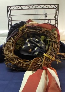 lot 165 image: Patriotic Wreath and Heavy, Wrought Iron, Hanging Pot Rack