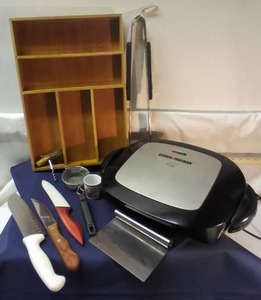 lot 169 image: George Foreman Grill, Wood Cutlery Drawer, Bar-B-Q Tongs and other misc kitchen items
