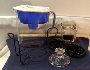 lot 172 image: Pur Water Pitcher, Glass Cannister with Buttons and misc items