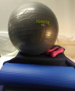lot 173 image: Ignite by Spri Exercise Ball, Athletic Works Yoga Mat, and 2 Barbells (2 12 lbs )
