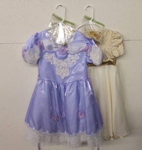 lot 23 image: Girls Dresses, (Purple Dress Sz.12, Also comes wbutterfly necklace & Gold Dress Sz.910, Also comes wmatching hair clip)