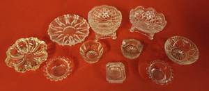 lot 30 image: 10 Piece Crystal & Glass Decor, Including, 2 Imperial Glass Crystal Candlewick 2 Salt Dip Dishes, 2-34 Vintage Clear Depression Glass, Vintage Avon Pressed Glass Footed Mini Dish 3X2, 3-34 Mini Dish & 3 Mini Glass Bowl