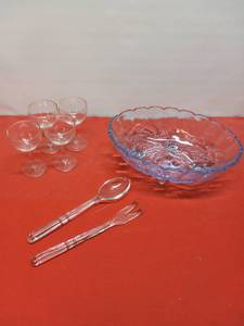 lot 42 image: Indian Blue Glass Footed Fruit Bowl, 4 Champagne Glasses and a Glass Salad Serving set