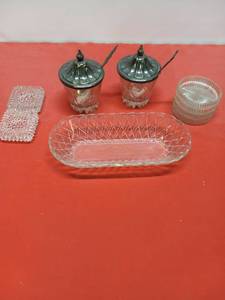 lot 43 image: 2 Vintage Cut Glass and Silver Plated Jam Jars with Lids and Spoon, 2 Glass votive holders,,4 Glass Coasters 1946 Moundridge Cooperative Butter Dish
