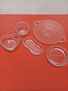 lot 44 image: Vintage Imperial Beaded Glass Cake Plate,Relish dish and Bowls