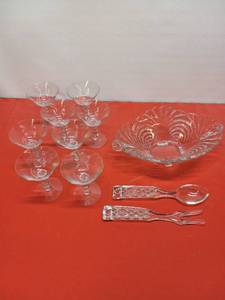 lot 45 image: Vintage Clear Cambridge Elegant Glass Pattern Caprice 4 footed flared oval dish, and Vintage Anchor Hocking Salad Fork and Spoon, Set of 8 Imperial Glass Ohio Candlewick ChampagneTall Sherbet