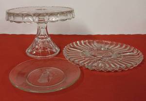 lot 46 image: Glass Cake & Divided Vegetable Plates, (Veg. 11-12, Cake 10 & Lady 8)