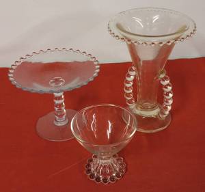 lot 47 image: Vintage Glass Candlewick Gold Wash Fan Vase, (7-12X 5-12), Vintage Imperial Glass Candlewick Etched Compote Dish, (4-34X 5-34) & Anchor Hocking Boopie Ball Crystal Champagne Sherbet Glass Stemware, (3-12X 3-34)