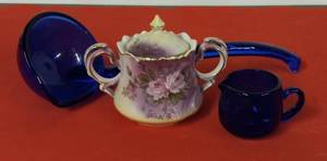 lot 71 image: Lefton, HandPainted, China Porcelain Sugar Bowl, (3) & Cobalt Blue Ladle & Creamer Container, (2)