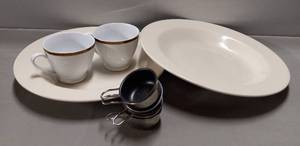 lot 208 image: Misc. dinnerware & egg poaching cups, Including 2 Homer Laughlin China plates & 2 Colin Cowie Coffee Cups, (plates approx 12-14)