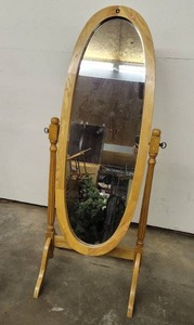 lot 226 image: Oval wood mirror with stand. appears to be Oak