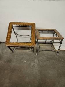 lot 227 image: Wood and Metal end tables -  need glass inserts 26wx26L x22h