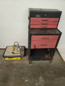 lot 239 image: Hemak Tool Chest-Missing Bottom Drawer and has some rust spots and Qep 650XT 7in Wet Saw (Operational)