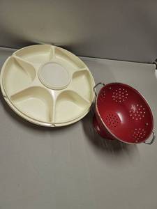 lot 241 image: Tupperware Crudite tray with dip container and Red Colander