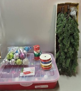 lot 245 image: 3 Ft Christmas Tree, Christmas Ornament Organizer, assorted ribbon and Ornaments