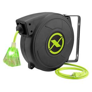 lot 25031 image: Flexzilla� Retractable Extension Cord Reel, 143 AWG SJTOW Cord, 50, Grounded Triple Tap Outlet