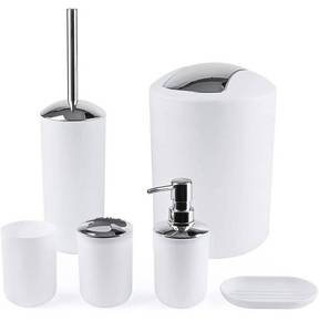 lot 25052 image: Papillon Bathroom Accessories Set-6 Piece Plastic Gift Set Toothbrush Holder,Toothbrush Cup,Soap Dispenser,Soap Dish,Toilet Brush Holder,Trash Can,Tumbler Straw Set Bathroom (White)