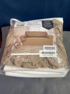 lot 25242 image: Easy-Going Stretch Jacquard Loveseat Couch Cover, 1-Piece Soft Sofa Cover, Sofa Slipcover with Anti-Slip Foams, Washable Furniture Protector for Kids, Pets (Loveseat, Camel)