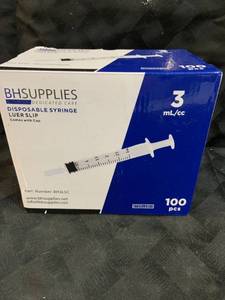 lot 35613 image: BH Supplies - Disposable Syringe with Cap - 3mLcc - 100 count
