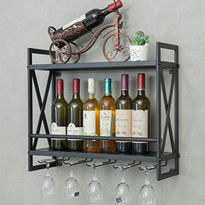lot 2834 image: Industrial Wine Rack 14 Bottles Wall-Mounted Wine Cabinet with 5 Glasses Holder Metal Wine Storage Shelf Multi-Function Display Rack for Home Bar Restaurant Kitchen 23.6 x7.9 x20.5 may vary from stock photo