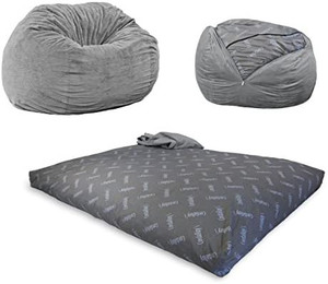 lot 2838 image: Chenille Bean Bag Chair, Convertible Chair Folds from Bean Bag to Bed, As Seen on Shark Tank, Charcoal - Full Size may vary from stock photo sealed and will not be opened for pictures
