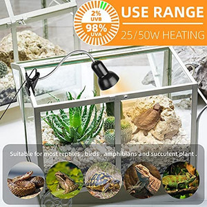 lot 5688 image: Reptile Heat Lamp, Pet Habitat Heat Lamp, Reptile Basking Lamp, UVA UVB Basking Spot Heat Lamp with 360° Rotatable Clip and 3 Bulbs(1 Pcs 25W 2 Pcs 50W) (Reptile Heat lamp