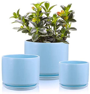 lot 5699 image: BUYMAX 4.25.26.2 inch Glazed Plant Pots with Connected Saucers, Round Modern Ceramic Flower Pots - Small to Large Size for All House Plants, Flowers and Succulent, Set of 3 ( Blue