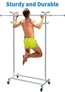lot 5723 image: HOUSE AGAIN Adjustable 2-in-1 Heavy-Duty Garment Rack Clothes Coat Rack Rolling with Foot Operated Lockable Wheels,Strength Clothes Rack for Hanging Clothes, Shoes Organizing, Chrome