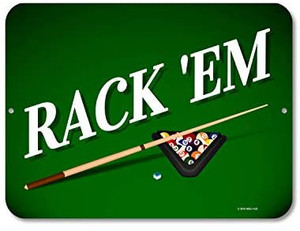 lot 5755 image: Game Room Decor, Rack Em 9 x 12 inch Metal Aluminum Novelty Tin Sign Decor