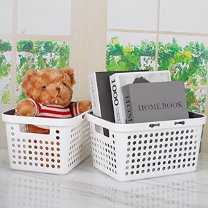 lot 5758 image: Plastic Storage Baskets,Portable Round Hole Plastic Storage Basket with Handle for Collection of Bedroom Supplies, Kitchen Supplies and Bathroom Supplies