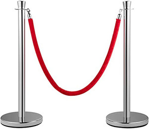 lot 5773 image: Crowd Control Stanchion, Set of 2 Pieces Stanchion Set, Stanchion Set with 5 ft1.5 m Red Velvet Rope, Silver Crowd Control Barrier wSturdy Concrete and Metal Base - Easy Connect Assembly