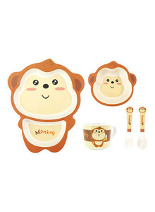 lot 5779 image: 5-Piece Cute Cartoon Monkey Designed Bamboo Fiber Tableware Set YellowBrown 21.5x9.8x26.5cm