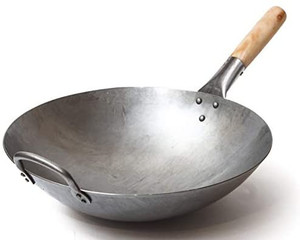 lot 6040 image: traditional Hand Hammered Carbon Steel Pow Wok with Wooden and Steel Helper Handle