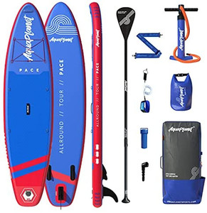 lot 6049 image: Aquaplanet 10ft 6 x 15cm PACE Stand Up Paddleboard - Incl SUP, Hand Air Pump wPressure Gauge, Adjustable Aluminum Floating Paddle, Repair Kit, Rucksack, Coiled Leash & 4 Kayak Seat Ring Fittings