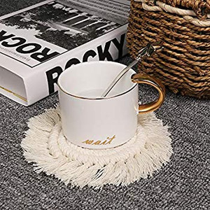 lot 6070 image: Lahome Handmade Macrame Coasters - Round Drinks Cotton Boho Woven Coaster Set with Tassel for Kinds of Mugs and Cups (Cream, Set of 2