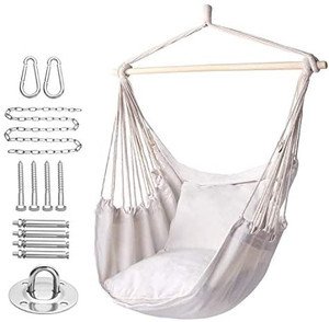 lot 6907 image: Y- STOP Hammock Chair Hanging Rope Swing, Max 320 Lbs, 2 Seat Cushions Included, Hanging Chair with Pocket, Quality Cotton Weave, for Indoor and Outdoor, Beige