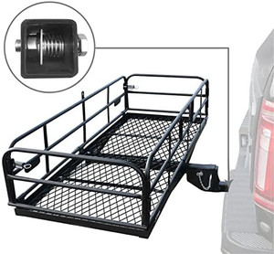 lot 6911 image: OKLEAD Hitch Mount Cargo Carrier 60 x 24 x 14.4 Folding Cargo Rack Rear Hitch Tray Luggage Basket with 400 LB Capacity Fits 2 Receiver for Car SUV Pickup (has some shipping scrapes)