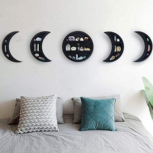 lot 6913 image: Gibbous Nimbus Large 12.2 Moon Phase Shelf Set (5 PCS) - Moon Shelf Set Moon Decor Crystal Display Shelf - Boho Shelf Decor Moon Shelf Wall Decor - Black Wooden Crescent Moon Crystal Shelf Decor
