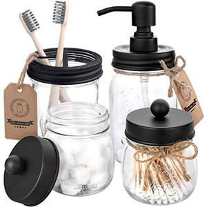 lot 6934 image: AOZITA Mason Jar Bathroom Accessories Set 4 Pcs - Mason Jar Soap Dispenser & 2 Apothecary Jars & Toothbrush Holder - Rustic Farmhouse Decor Bathroom Countertop, Vanity Organize, Black