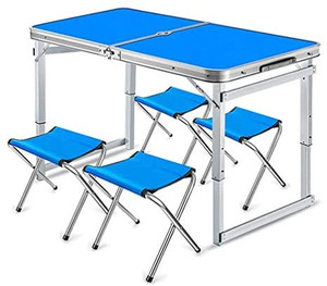 lot 7010 image: WF-CHAIR 4-person Folding Picnic Table With Chairs Set,Portable And Lightweight 5-Pack Folding Table Outdoor Table And Chairs Height Adjustable For Outdoor Camping Picnic BBQ Party Dining Blue