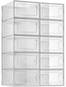 lot 7012 image: 10 Pack Shoe Storage Boxes, Clear Plastic Stackable Shoe Organizer Bins, Drawer Type Front Opening Sneaker Shoe Holder Containers