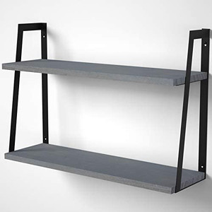 lot 7054 image: SRIWATANA Floating Wall Shelves, 2-Tier Rustic Wood Shelves for Bedoom, Bathroom, Living Room, Kitchen - Weathered Gray