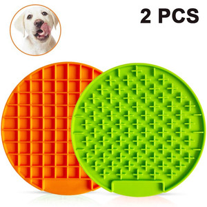 lot 7079 image: 2PCS Pet Lick Pad, Peanut Butter Lick Mat, Anxiety Relief Fun Dog FeederPromote Health for Dog Cat, Lick Pad for Pet Bathing Grooming and Training B style green  orange